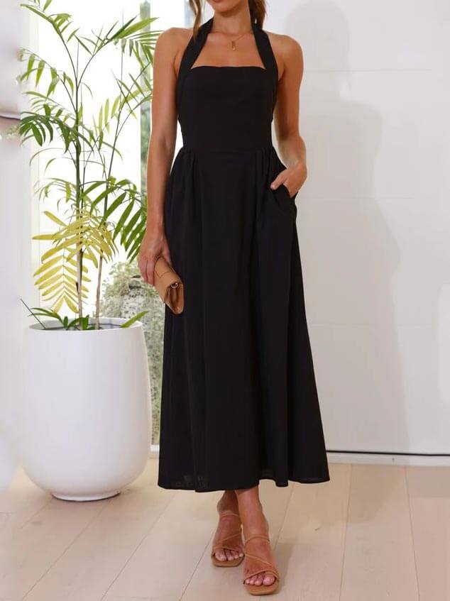 Amalie - Little black halterneck dress with a fitted mid-calf waist