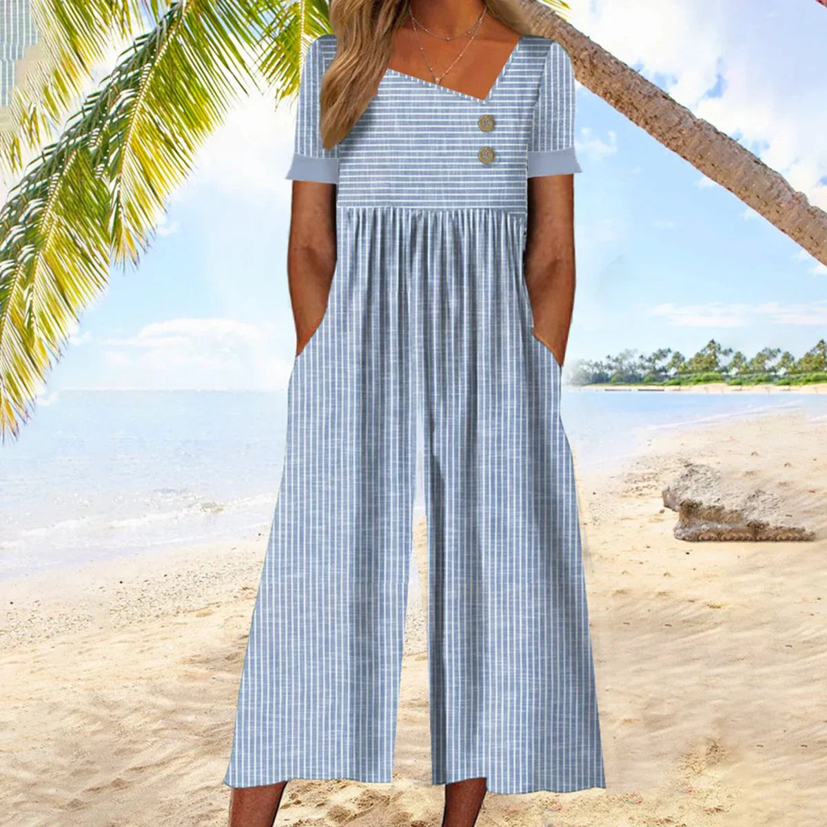 Geneviève - Blue Striped Short-Sleeved Jumpsuit