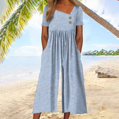 Geneviève - Blue Striped Short-Sleeved Jumpsuit