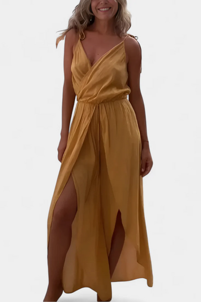 Lightweight long jumpsuit with thin straps, V-neckline and leg slits