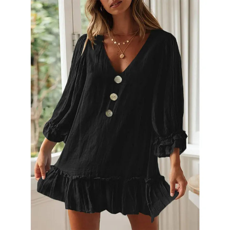 Mia - Casual V-neck flared sleeve dress with scallop trim