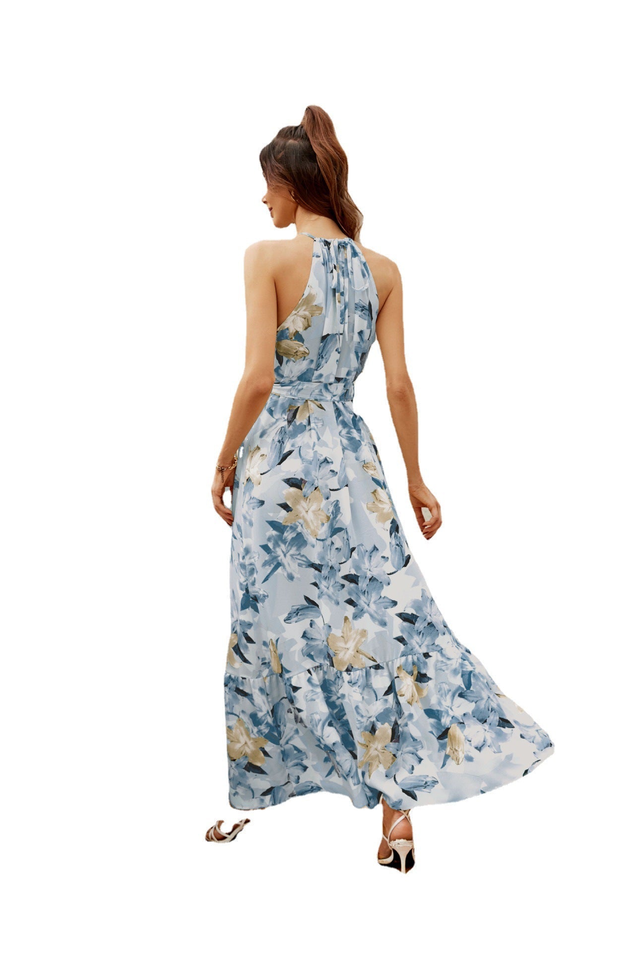Elegant floral print round neck summer long dress