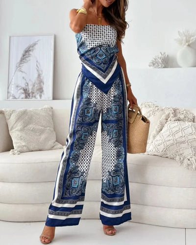 Modern Two Piece Set with Printed Top and Adjustable Pants for Elegant Women