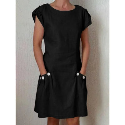 Micaela - Casual woven dress with short sleeves and a round neckline, khaki