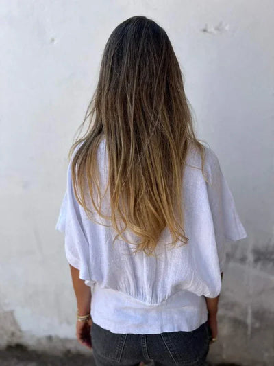 Jessica - Cotton and linen V-neck top with gathered hem