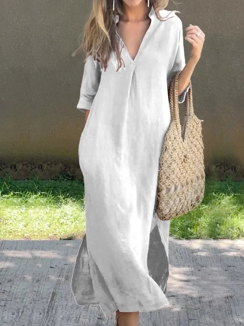 Vicky - Women's Solid Color V-Neck Pocket Linen Dress