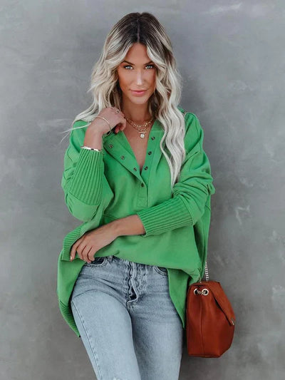 Brenda - Casual Solid Color V-Neck Batwing Sleeve Sweatshirt