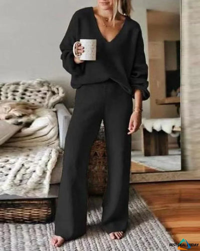 Women's Casual V-Neck Sweater Set - Comfortable and Elegant Style