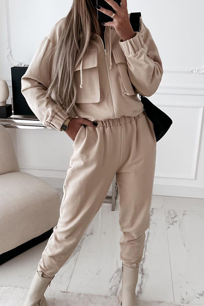 Casual Two Piece Set with Zipper Details and Long Sleeves