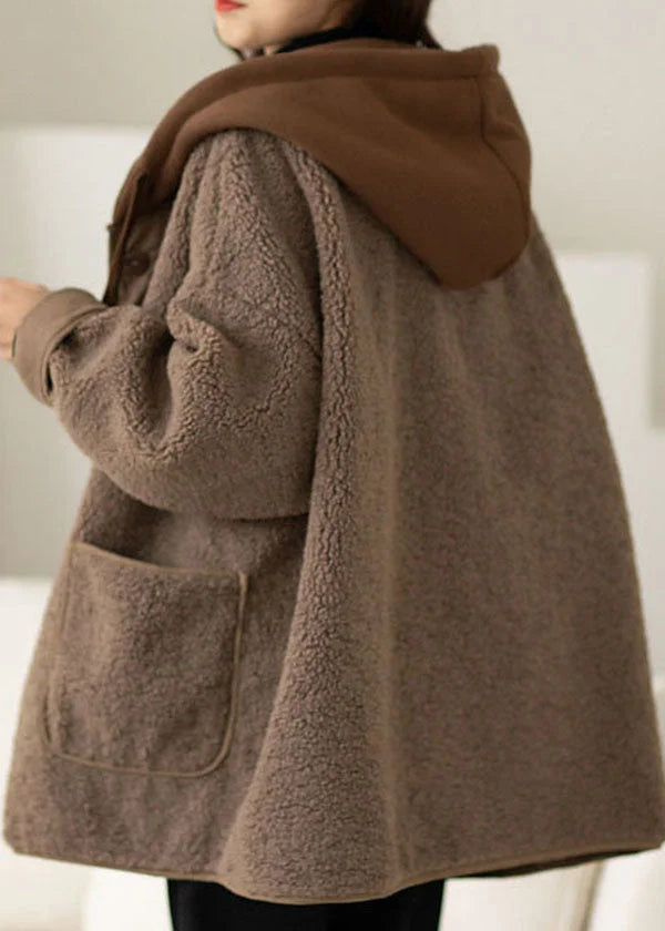 Brown Winter Coat with Hood, Two-Piece Design and Adjustable Drawstring