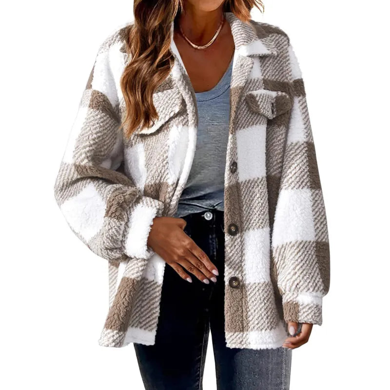Women's Button-Down Plaid Jacket - Cozy and Modern Coat