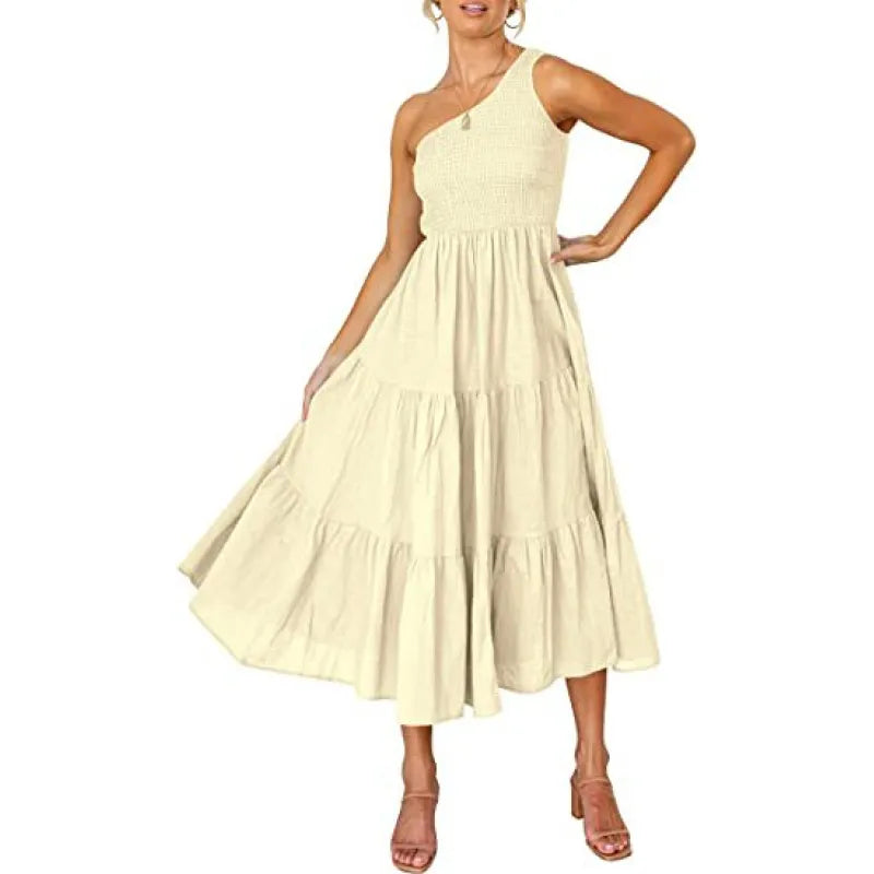 Simply Charmed Asymmetrical Off-the-Shoulder Midi Dress with Pockets