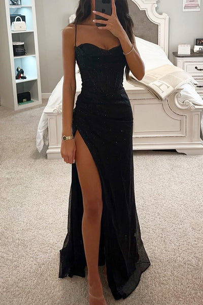 Charlotte - Romantic Occasion Sequins Round Neck Corset Slit Maxi Dress