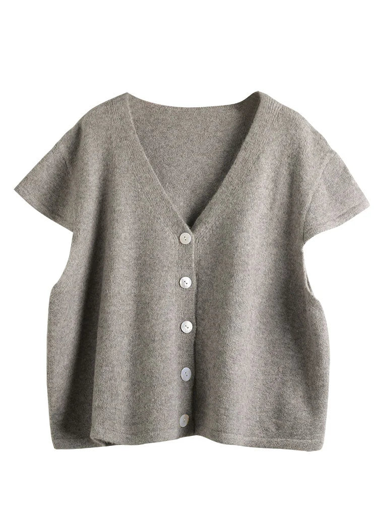 Beige Button-Down Vest with V-Neck - Short Sleeves
