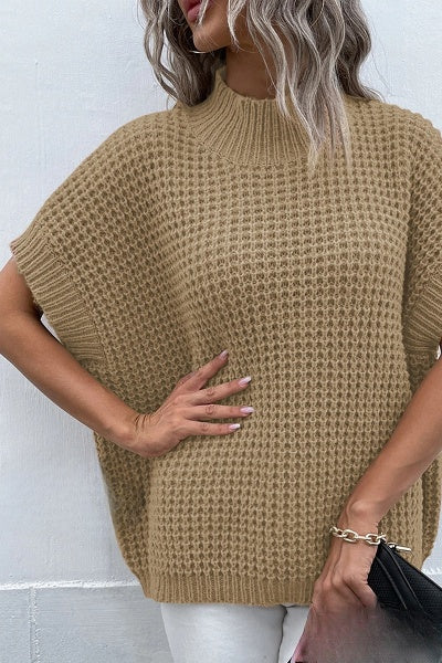 Elegant beige sweater with puff sleeves and a high neck