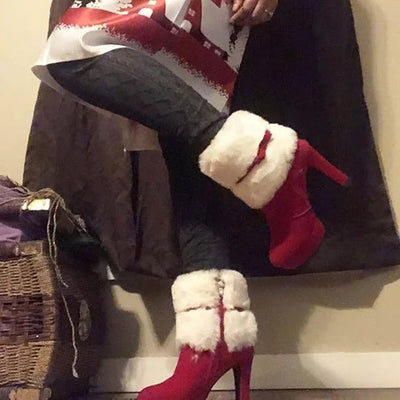 Women's Red and Black High Heel Winter Boots, Ideal for Casual Walks, Parties, and Christmas Events - Plus Sizes Available