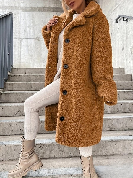 Olivia Teddy Coat - Button Down Long Sleeve Solid Color Winter Fall Coat