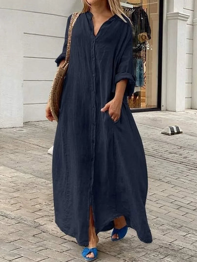 Karla - Loose Casual Plain Single Breasted Long Sleeve Pocket Pocket Maxi Dress