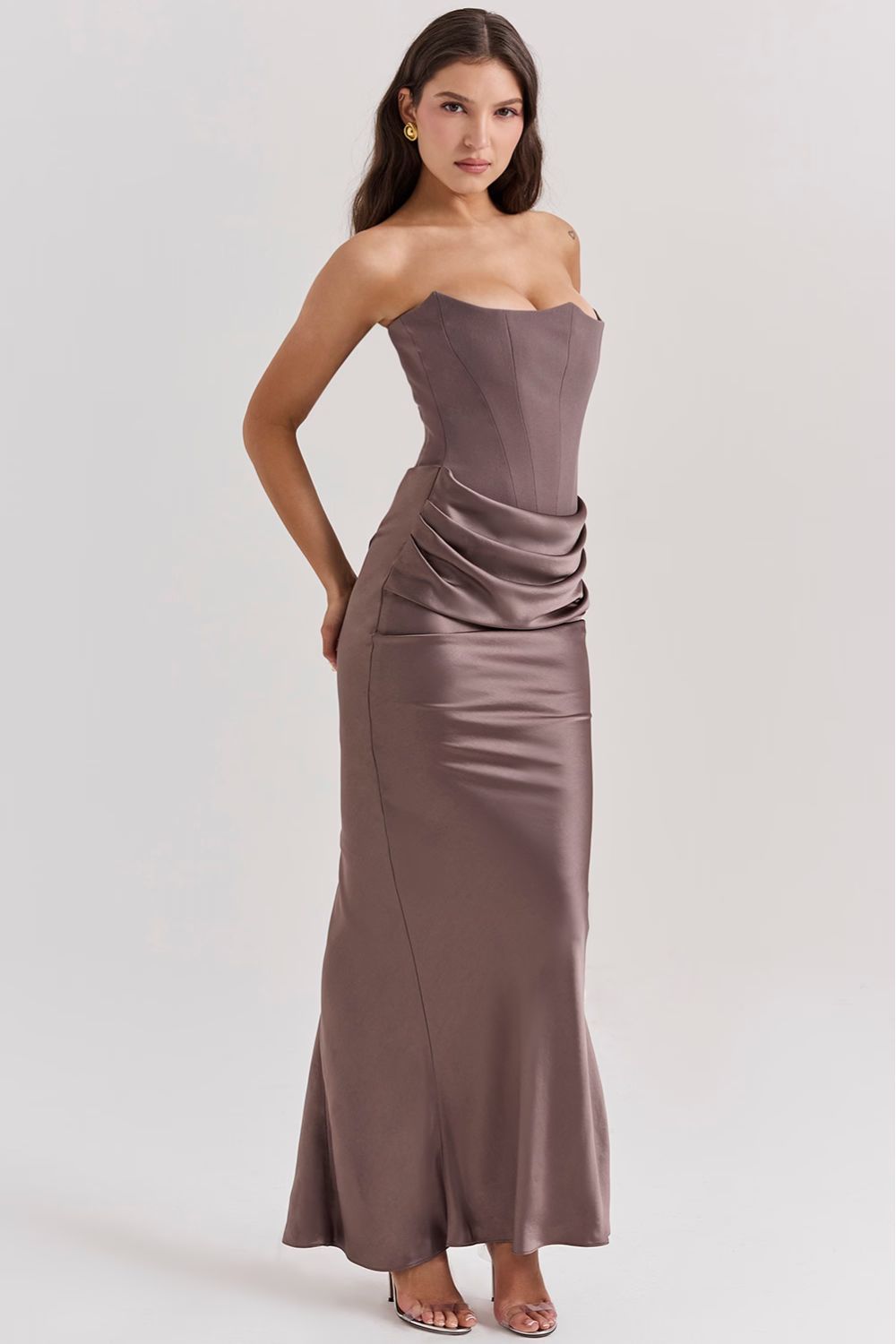 Strapless corset design evening dress with delicate pleats
