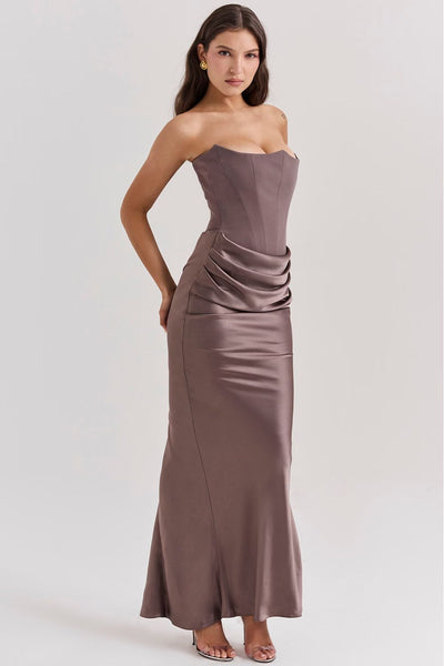 Strapless corset design evening dress with delicate pleats
