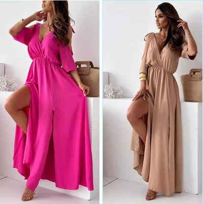 Elegant long dress with a crossover neckline and flowing side slit