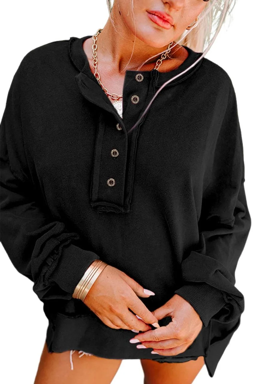 Carmen Women's Black Drop Shoulder Henley Button Down Sweatshirt