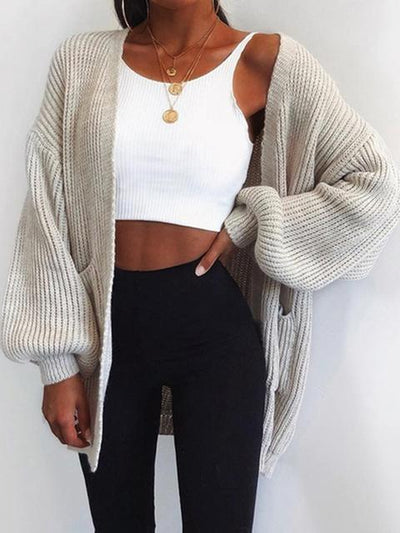 Plain knit long-sleeved cardigan for cozy evenings