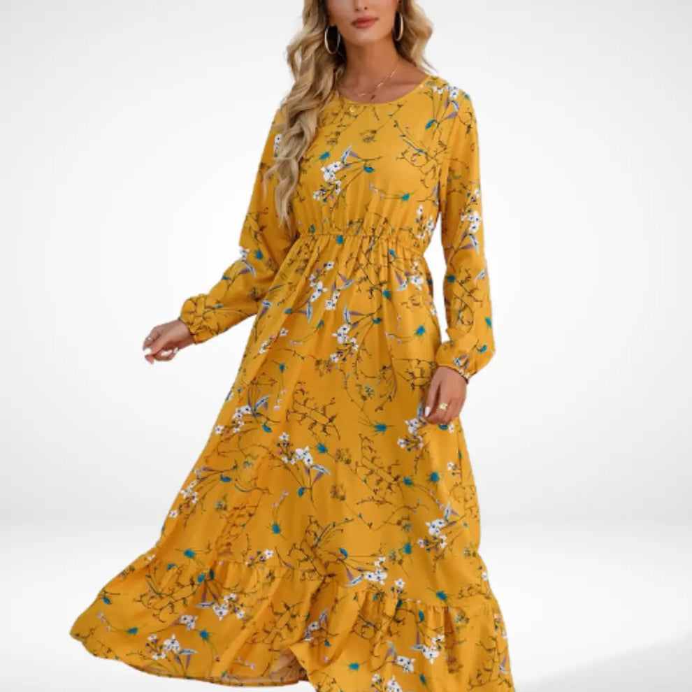 Loose long dress with floral print and long sleeves