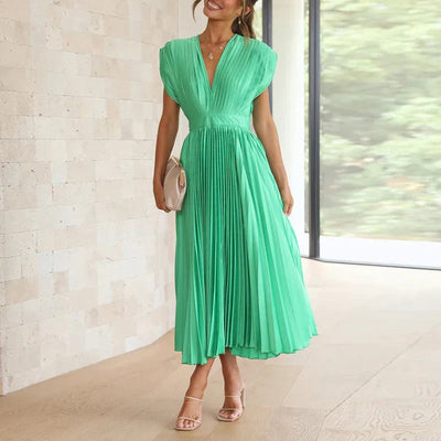 Pleated midi dress with a V-neckline and elegant short sleeves