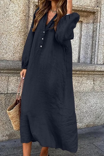 Laura - Single-breasted V-neck cotton linen dress