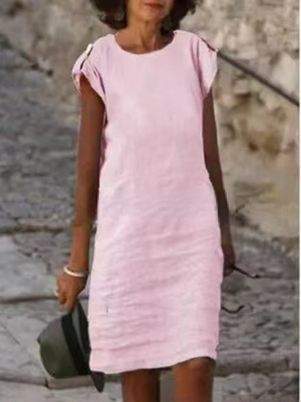 Fanny - Women's Multicolor Cotton Linen Sleeveless Round Neck Mid-Length Dress