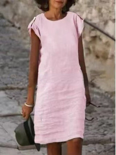 Fanny - Women's Multicolor Cotton Linen Sleeveless Round Neck Mid-Length Dress