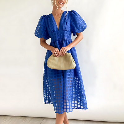 Elegant summer midi dress with short puff sleeves
