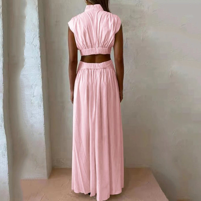 Claudia - Fashion High Neck Solid Color Casual Sleeveless Elegant Pleated Party Long Dress