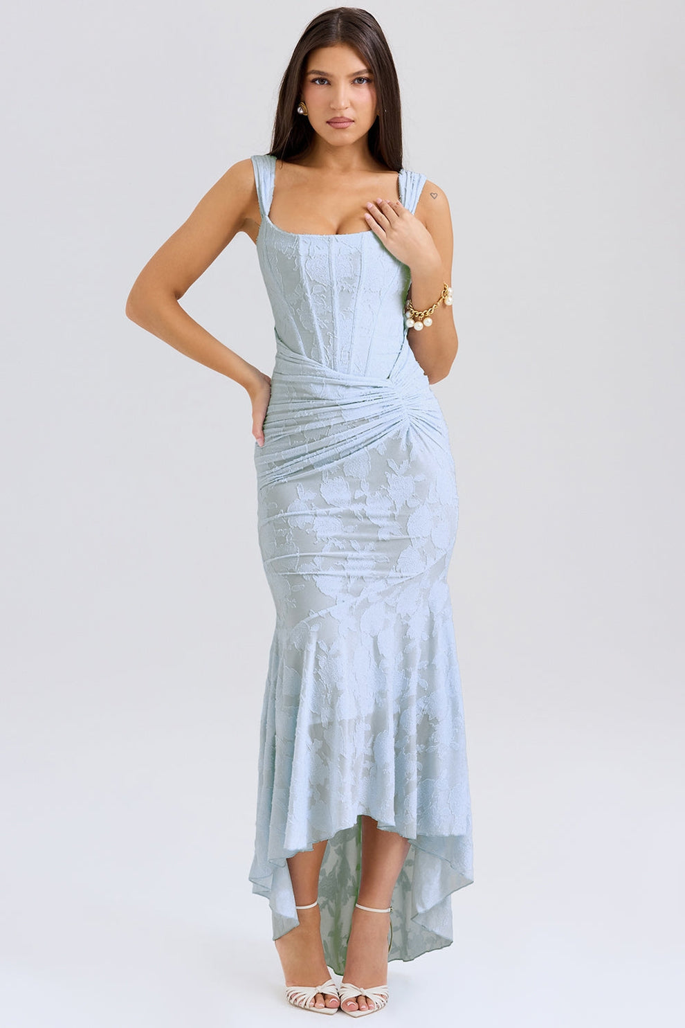 Elegant and sophisticated long dress with asymmetrical skirt and adjustable straps