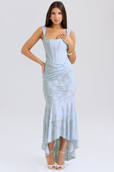 Elegant and sophisticated long dress with asymmetrical skirt and adjustable straps