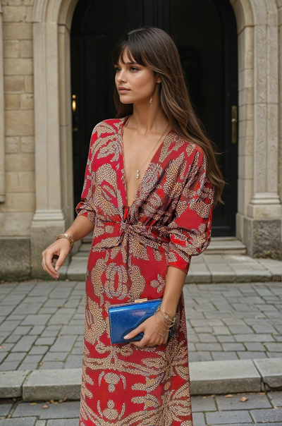 Sandra Midi Dress - Long-sleeved V-neck dress for events and celebrations