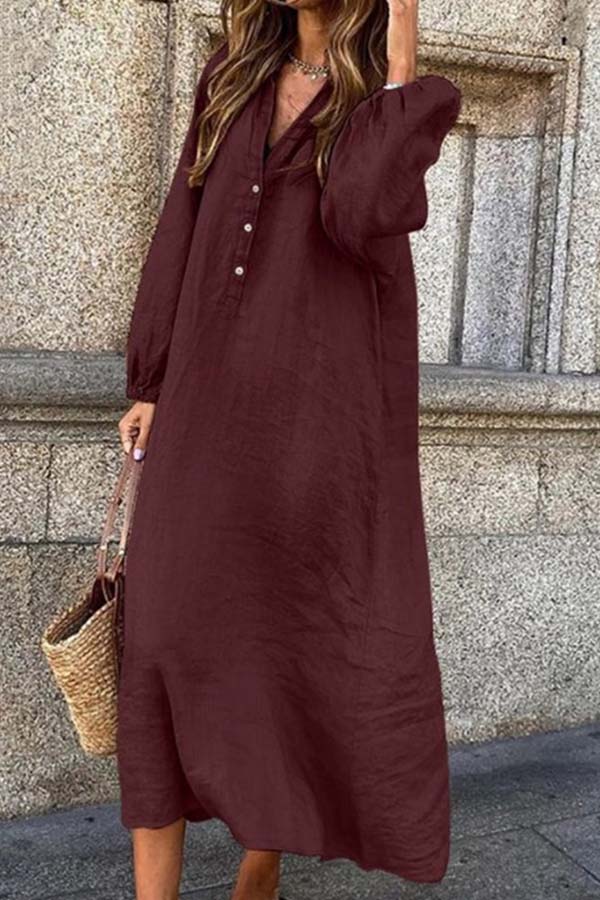 Monica - Button Down V-Neck Long Sleeve Solid Color Linen Cotton Jumpsuit