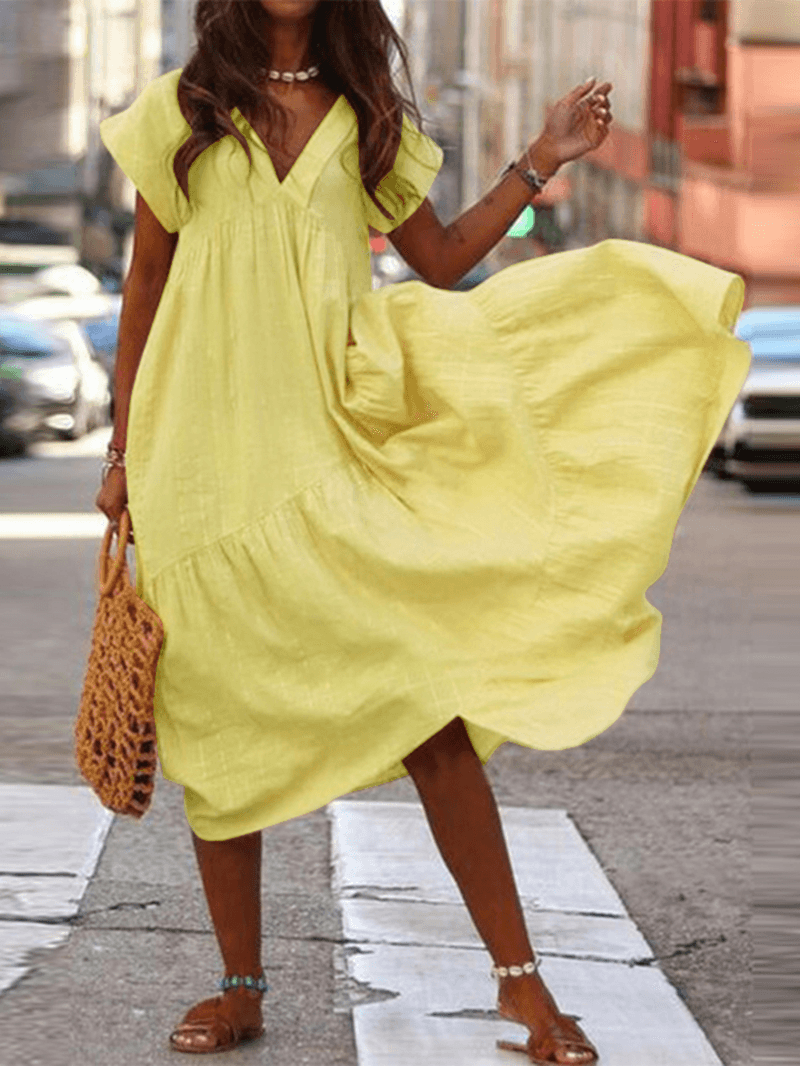 Amalie - Women's 100% Cotton V-Neck Loose Casual Plain Dress