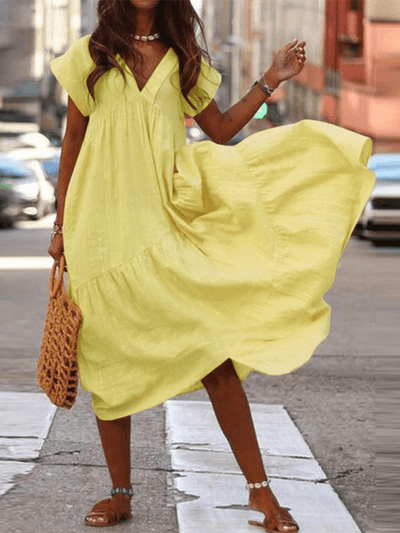 Amalie - Women's 100% Cotton V-Neck Loose Casual Plain Dress