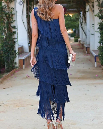 Elegant one-shoulder design fringe long midi dress