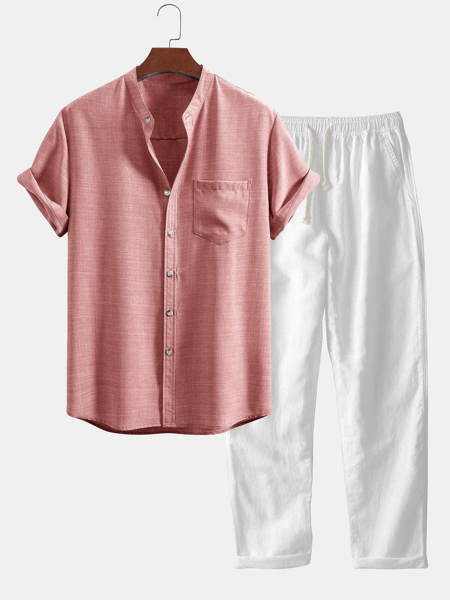 Men's set with short-sleeved mandarin collar shirt and casual straight-leg trousers