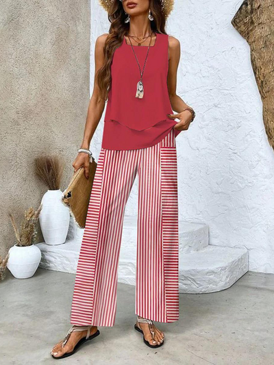 Elegant summer set for women with a sleeveless blouse and wide-legged pants