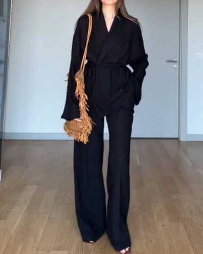 Casual two-piece set with solid color lapel top and pants