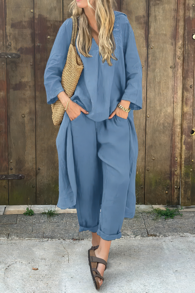 Elegant summer set for women with a long shirt and trousers