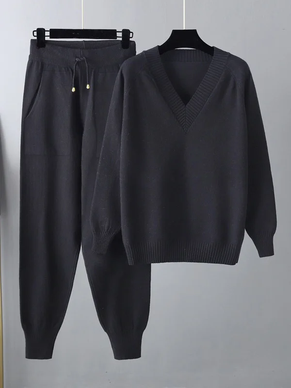 Delia Set: Comfortable Elegance with V-Neck Sweater and Harem Pants