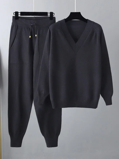 Delia Set: Comfortable Elegance with V-Neck Sweater and Harem Pants