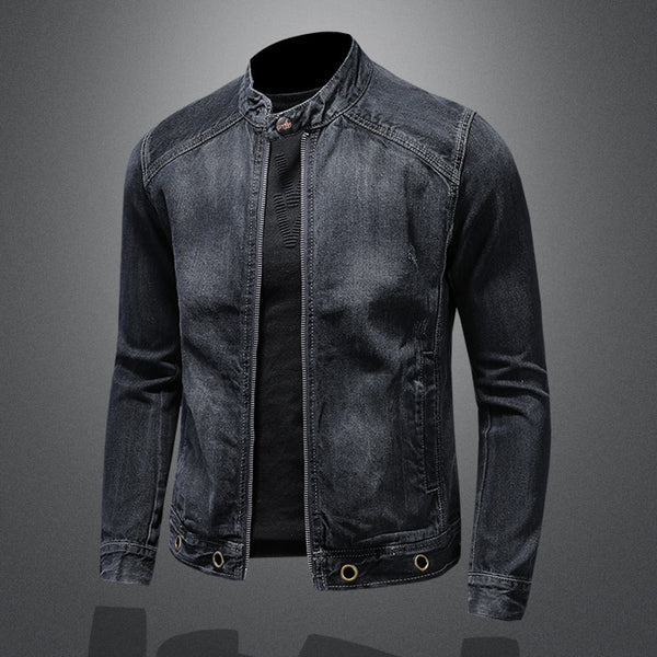 Dark Blue Denim Jacket with Stand-Up Collar and Zipper - Retro Style for Men