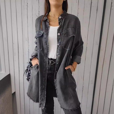 Emma - Women's comfortable denim-look coat shirt with lapels