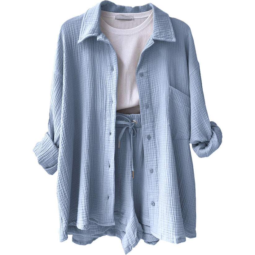 Women's summer set of flowing button-down shirt and matching shorts